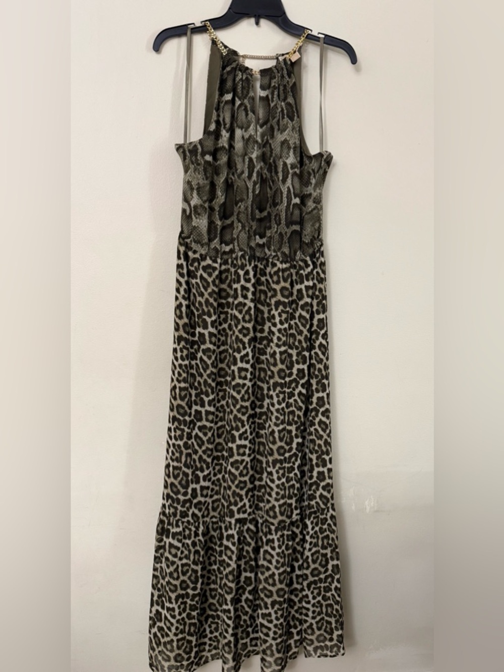 MICHAEL Michael Kors Olive Green Snake Print Halter long dress with Gold Chain